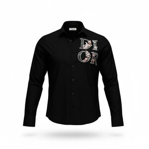 Unisex Dior Black Button-Down Shirt with Floral Logo Large